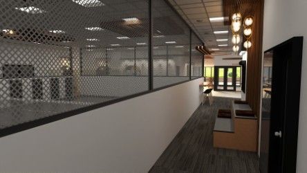 View of pickleball court with lights and seating