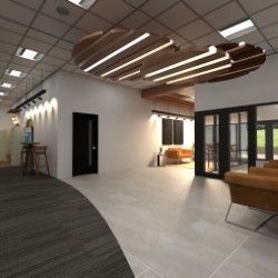 Modern entrance area facing front doors and seating area. Large ceiling fixture and doorways.