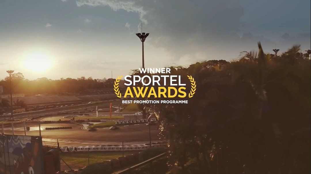 An aerial view of a race track with the words winner sportel awards written on it.