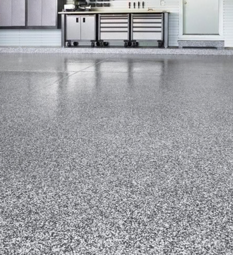 A close up of a gray concrete floor in a garage.