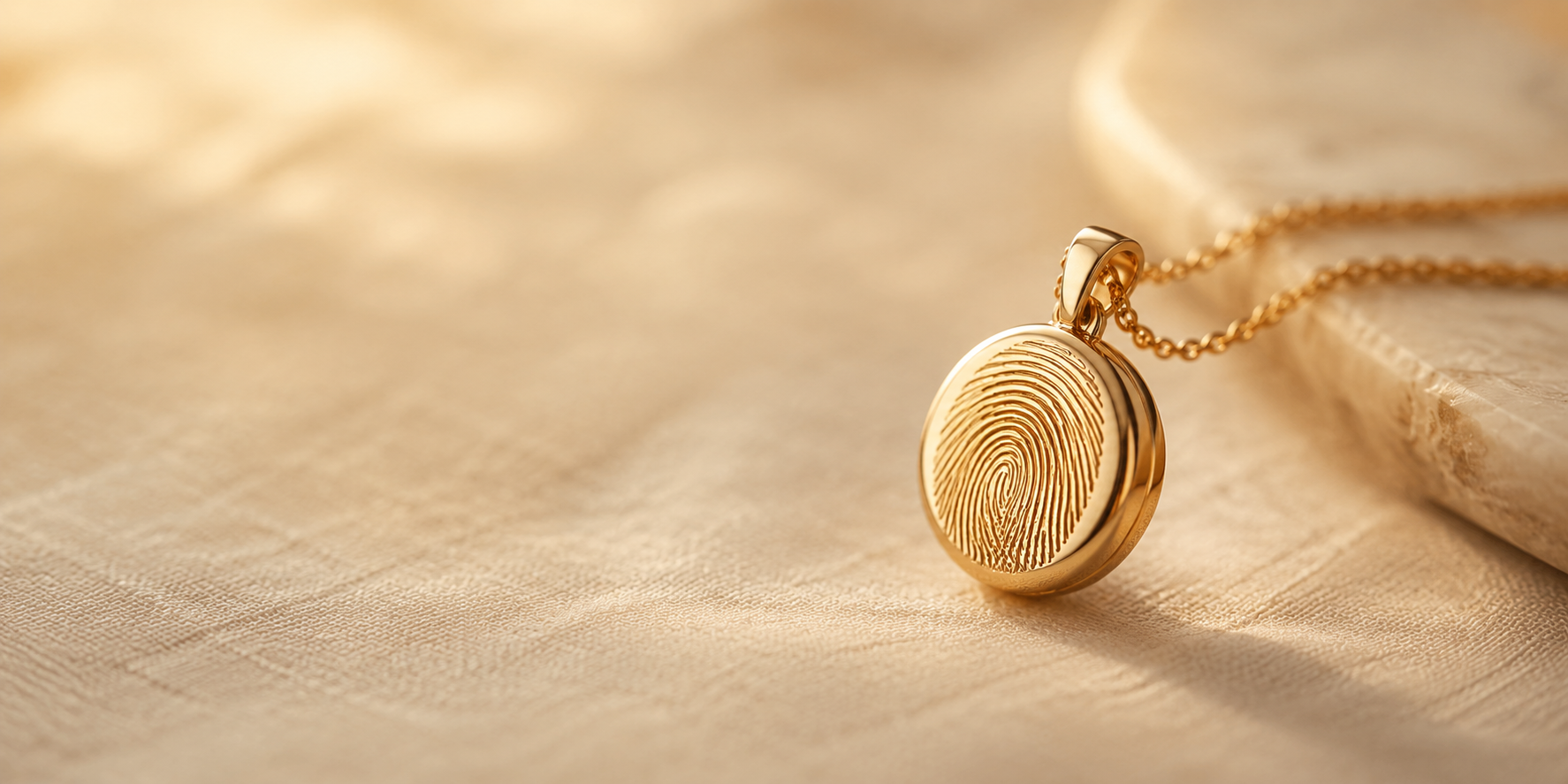 Ronde gouden hanger met vingerafdruk aan een collier, op een crème stoffen ondergrond