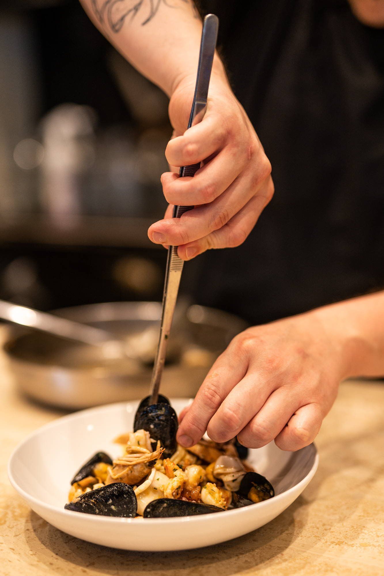 impiattamento pasta con cozze