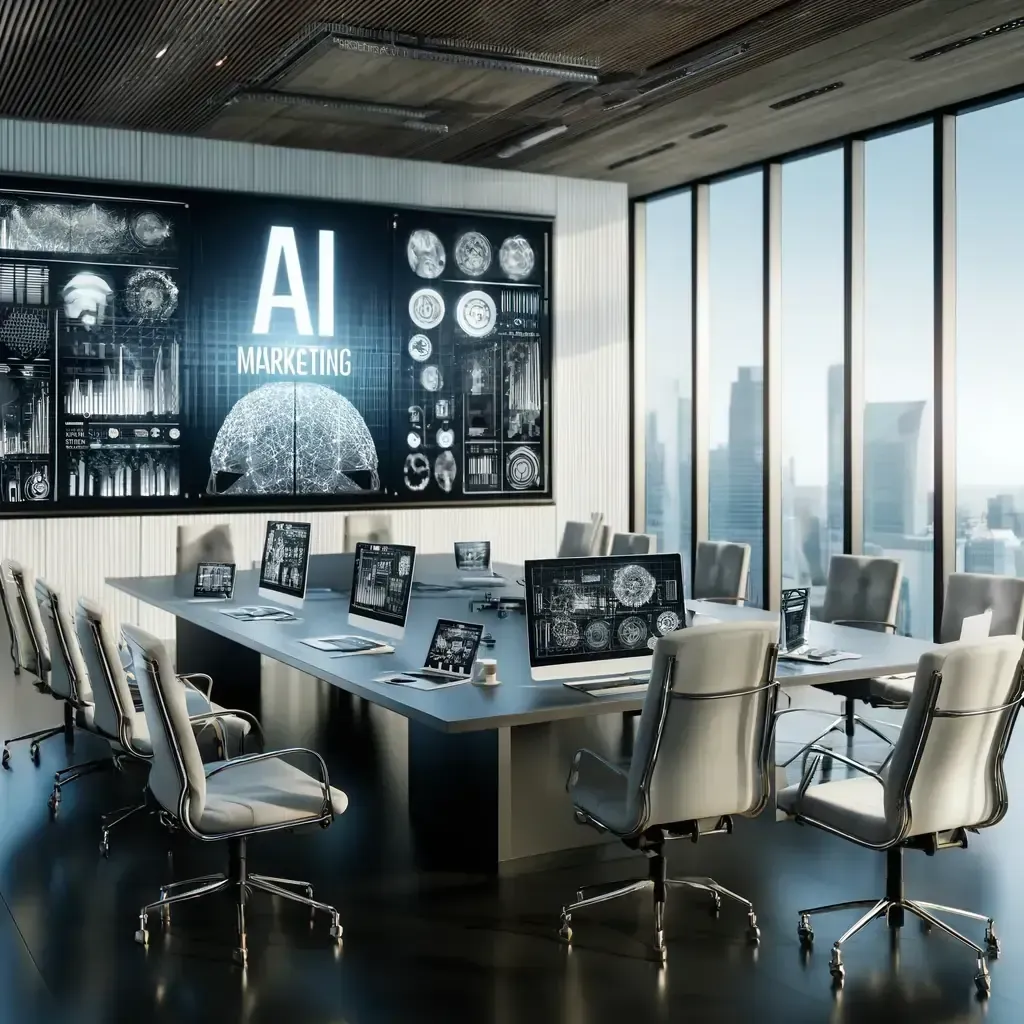 Conference room with AI marketing displayed on screen and computers.