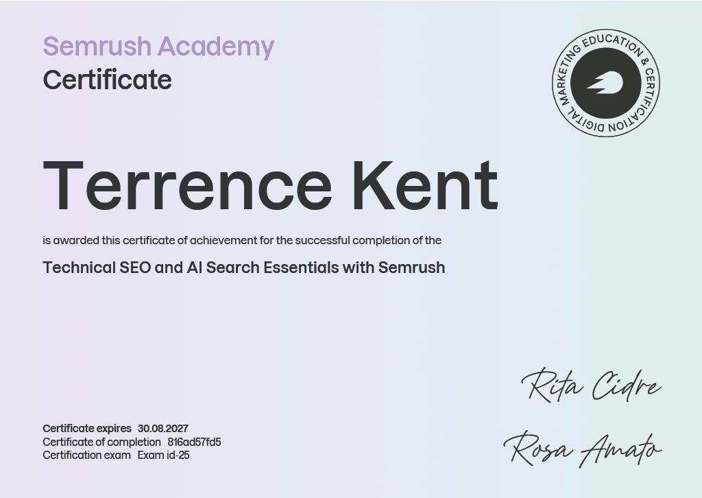 Semrush Academy certificate for Terrence Kent on a pale blue background with signatures and seal