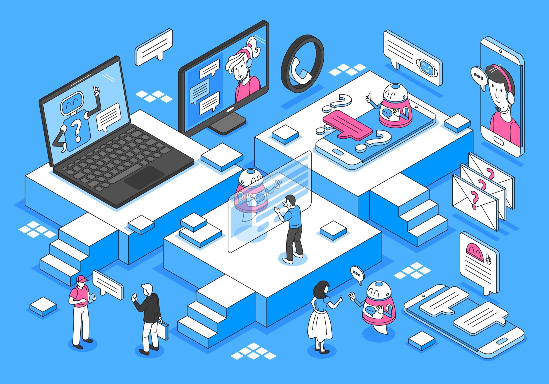 Isometric illustration of people using devices for communication, including laptops, phones, and a computer screen.