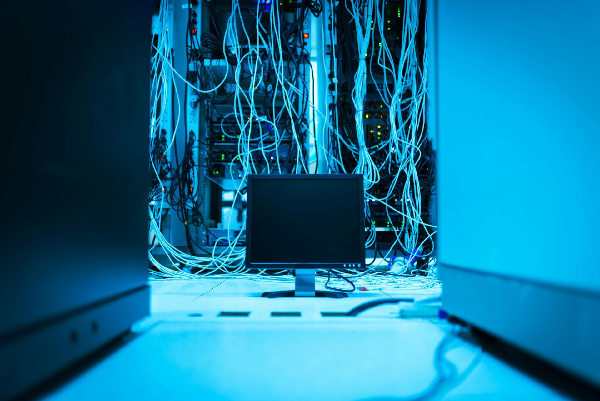 Blue-lit server room with tangled cables, a monitor in the center.
