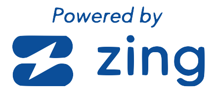 A blue logo that says powered by zing