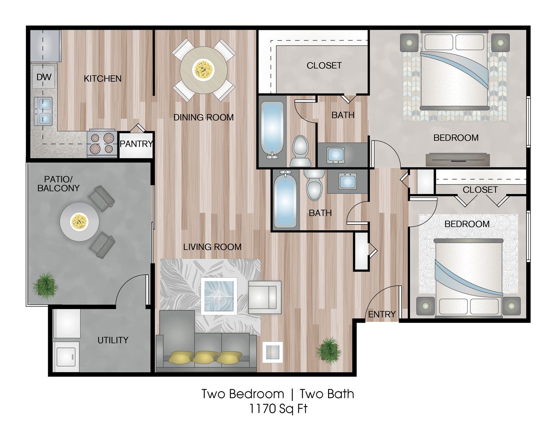 Two-bedroom, two-bath apartment floor plan with living room, kitchen, balcony, and utility areas