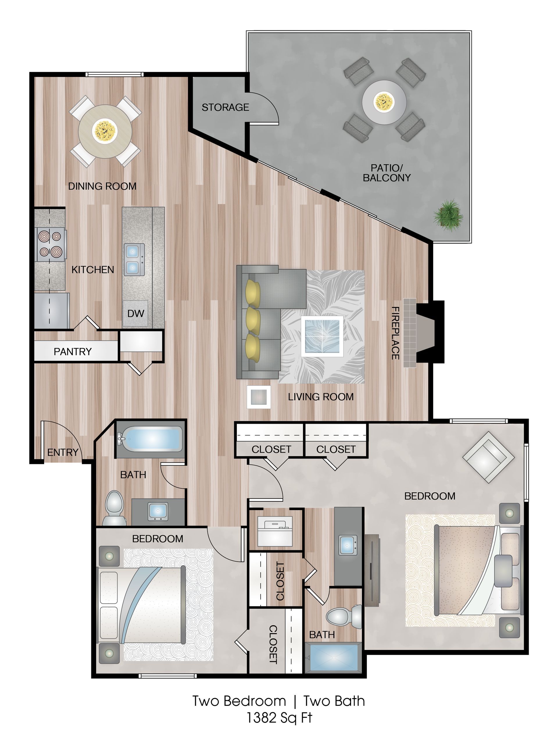 Top-down apartment floor plan with light wood flooring, gray patio, and labeled living, kitchen, bath, and bedroom areas