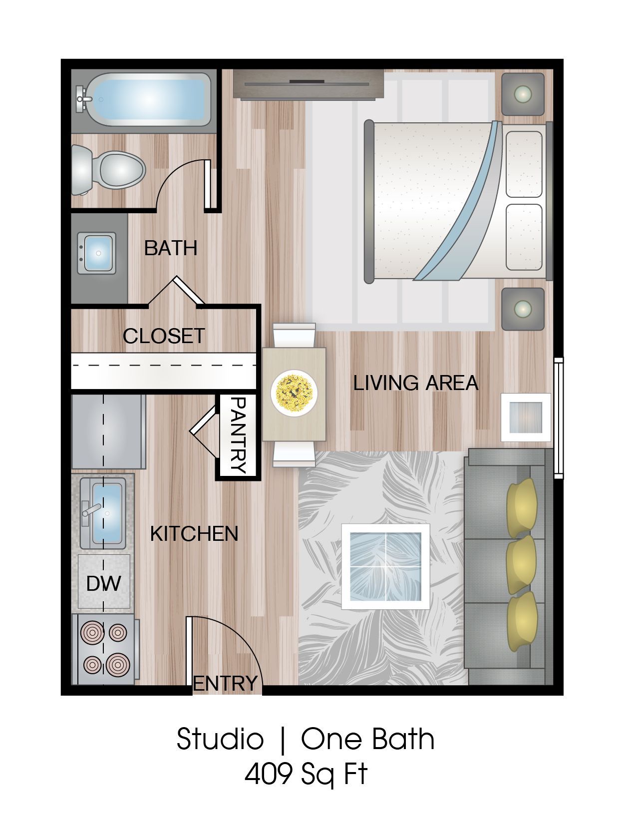 Studio apartment floor plan with bath, kitchen, living area, and bedroom, 409 sq ft.