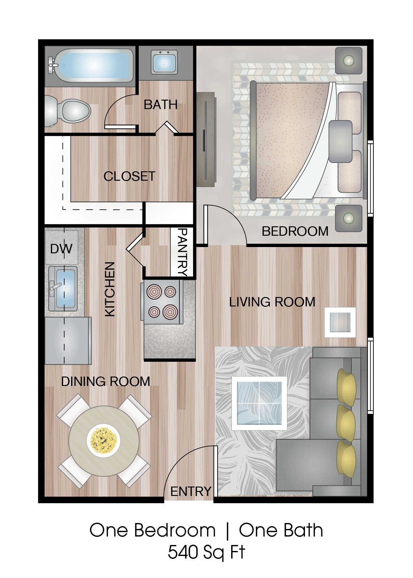 One-bedroom apartment floor plan with bath, closet, kitchen, dining room, living room, and patio; 540 sq ft