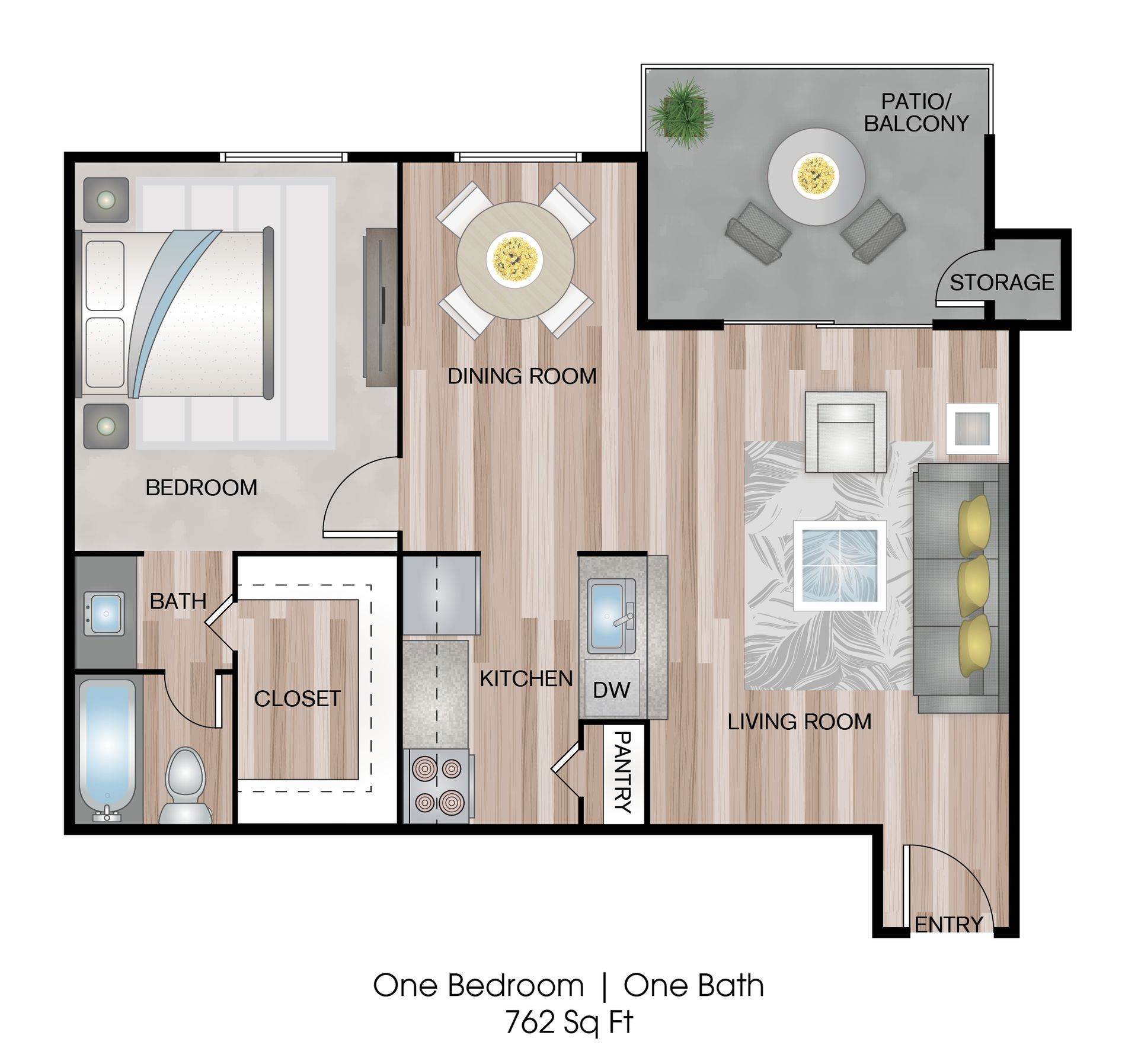 One-bedroom, one-bath apartment floor plan with living room, kitchen, dining, bedroom, bath, and balcony.