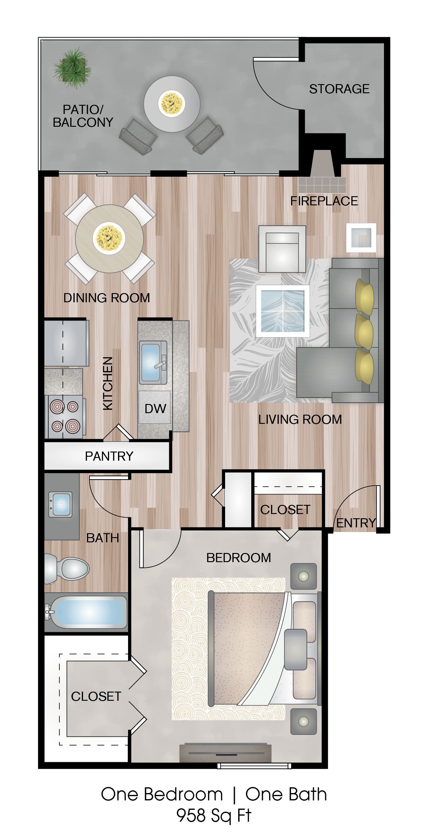 Top-down apartment floor plan with living room, kitchen, bedroom, bath, balcony, and patio area.
