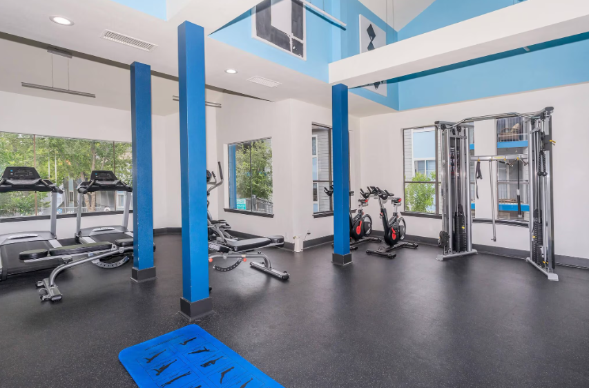 Bright gym interior with blue pillars, exercise machines, large windows, and black flooring
