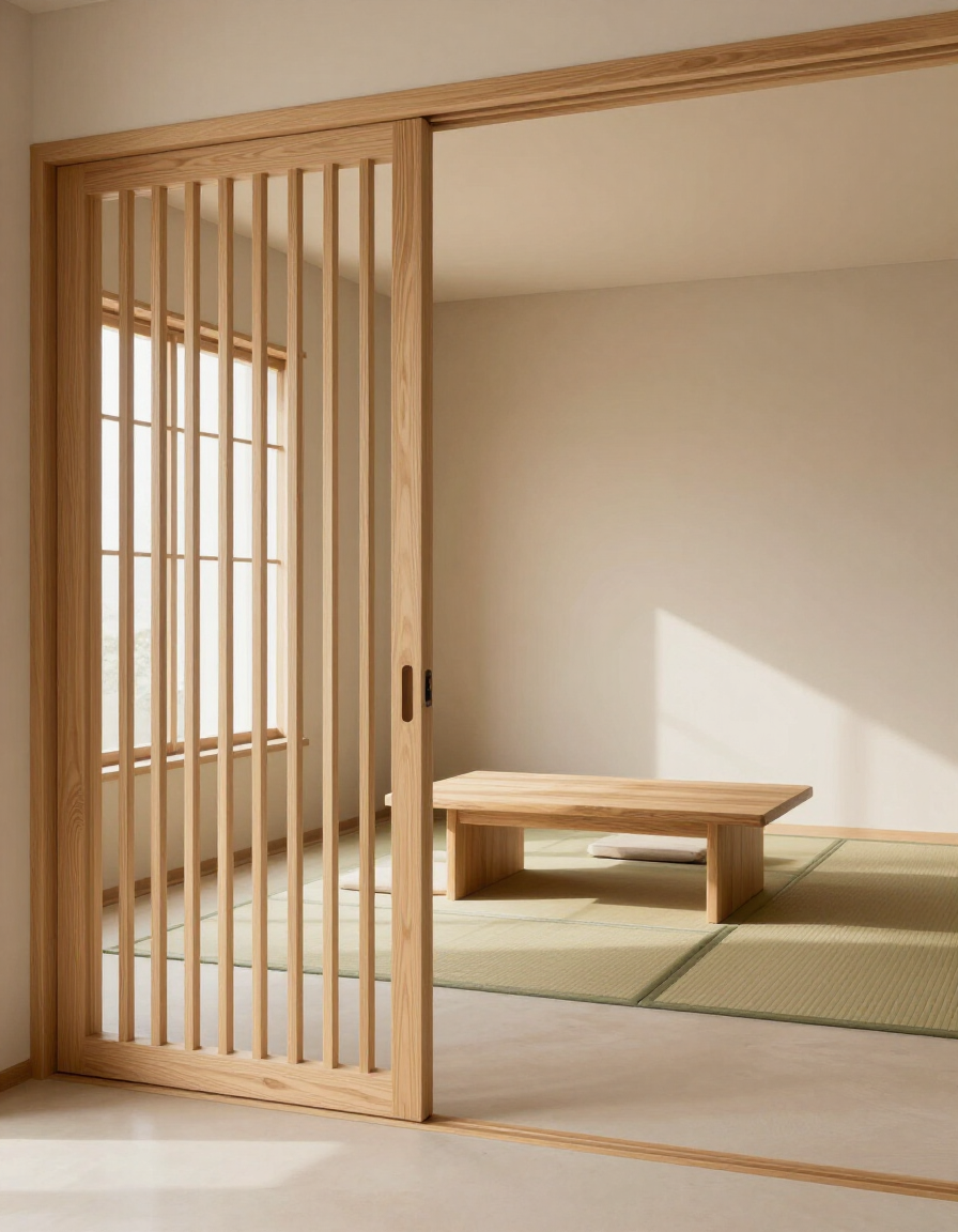 Puerta japonesa corrediza y divisor de ambientes en un interior minimalista