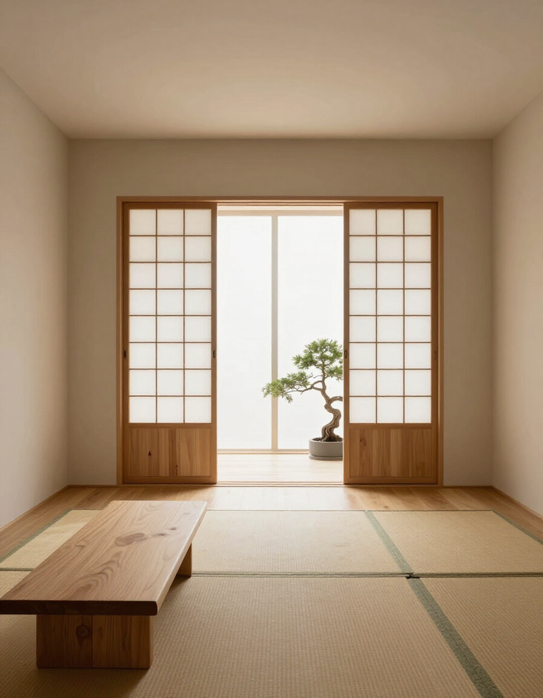 Ambiente zen con puertas japonesas corredizas y madera clara