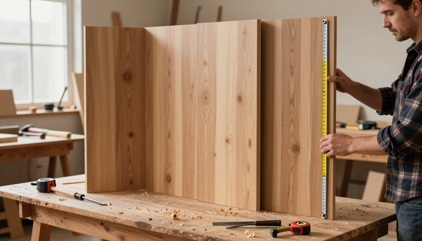 Hombre midiendo un panel de un armario de madera con una cinta métrica en un taller.