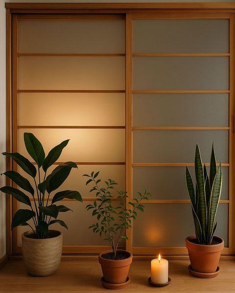 Taller luminoso de carpintería con paneles japoneses en proceso de fabricación