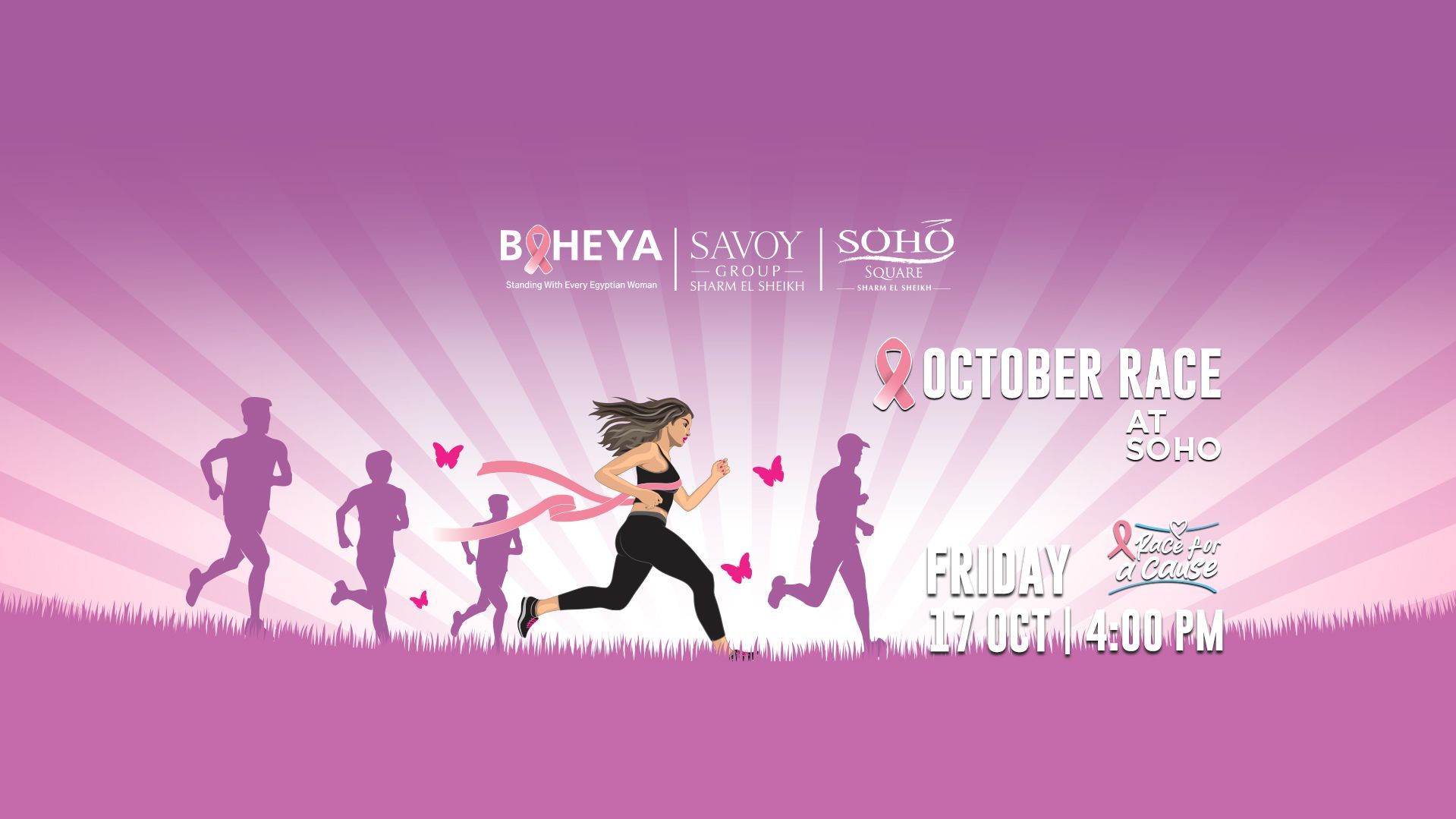 Pink breast cancer awareness race: runner at finish line with others, butterflies, pink background.