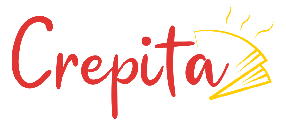 Crepita logo with red text and yellow sun with crepe shape.