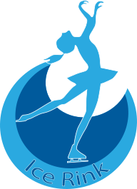 Blue silhouette of a figure skater, leaping gracefully, within a crescent moon shape. Text below: 