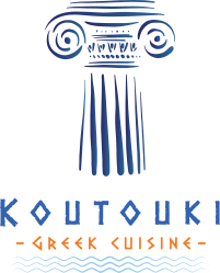 Logo for Koutouki Greek Cuisine featuring a blue stylized Ionic column and text.