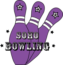 Purple bowling pins logo for Soho Bowling, with star accents.