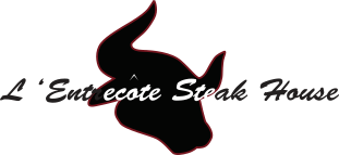 Logo for L'Entrecote Steak House, black bull silhouette and script text.
