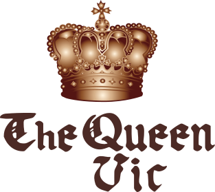 Brown crown above text: The Queen Vic.