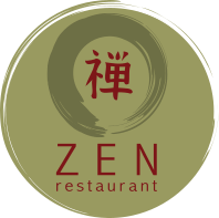 Logo for Zen restaurant: green circle with brushstroke, red Japanese symbol, 