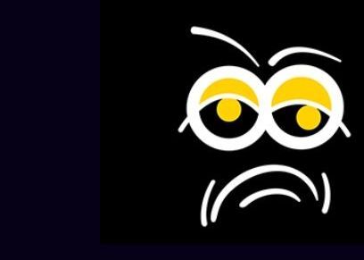 A cartoon face with big eyes and a sad face on a black background.