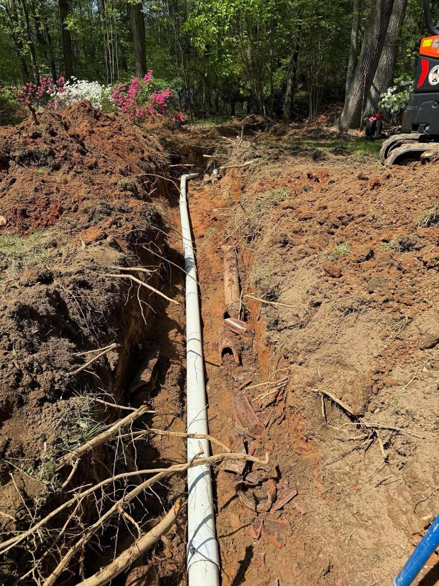 Excavated trench with exposed gray pipe running through soil beside a wooded area