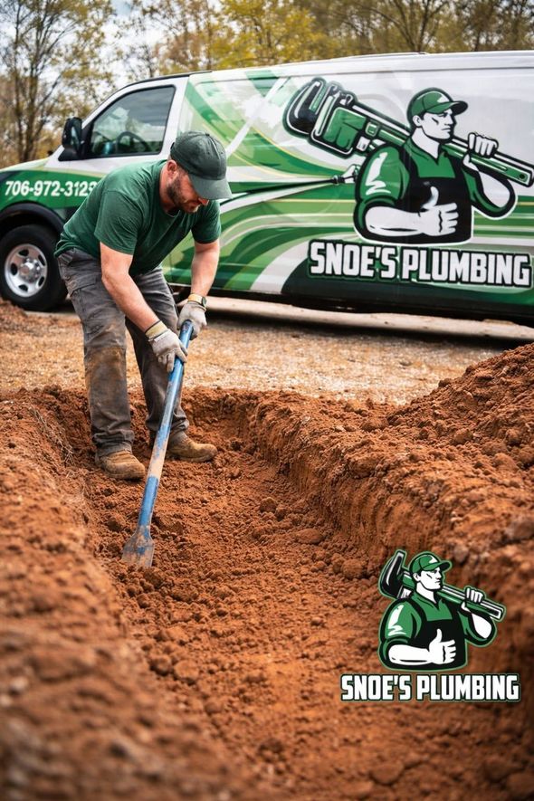 Plumber digging a trench beside a Snoe’s Plumbing van and logo on a dirt roadside