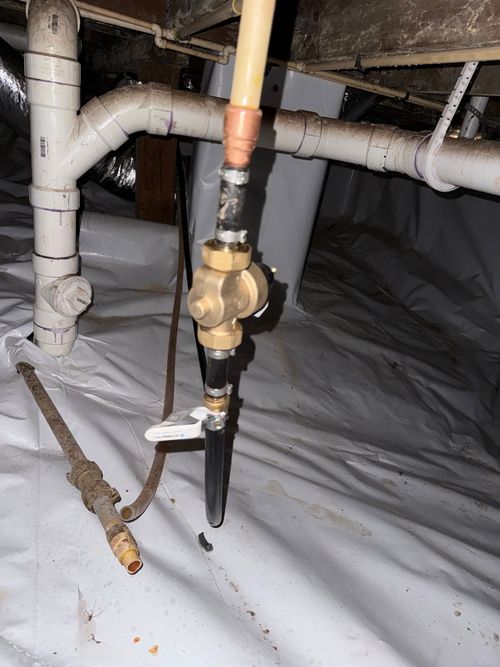 Plumbing pipes with a brass valve and black sprinkler/pipe hanging in a crawlspace-like area