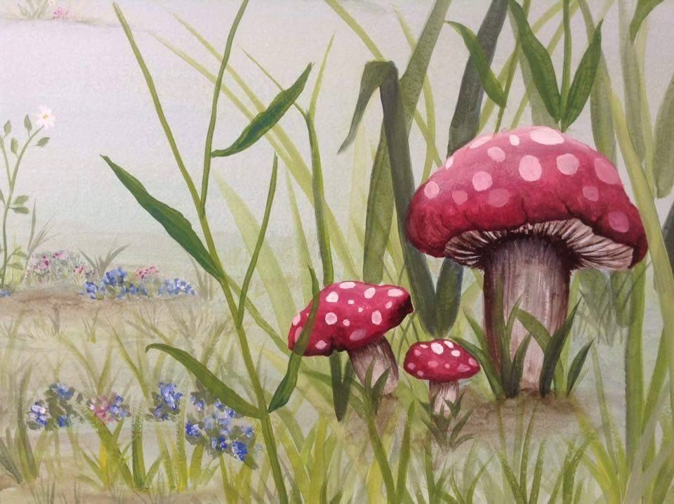 A painting of three red mushrooms in the grass