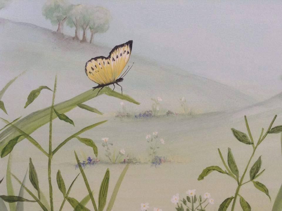 A butterfly is perched on a plant in a painting