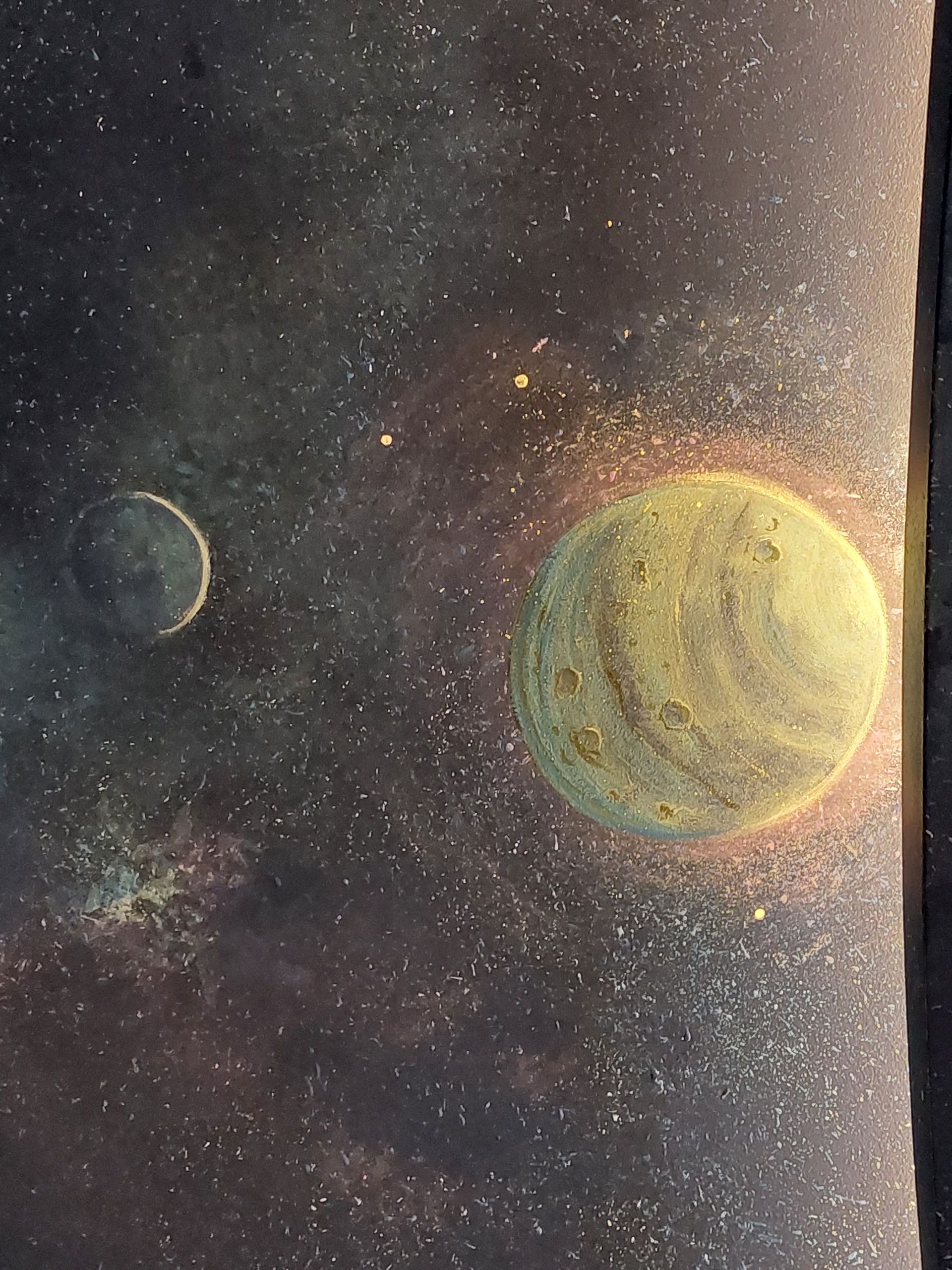 A painting of a planet with a crescent moon in the background