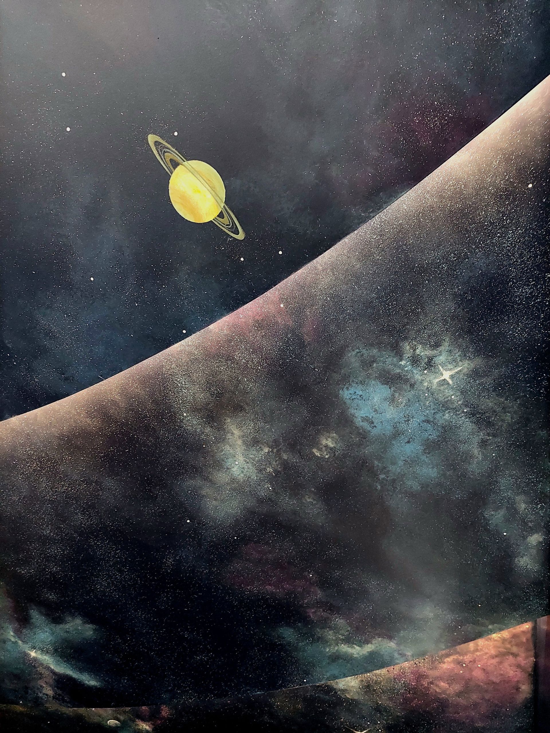 A painting of a planet in the middle of a galaxy.