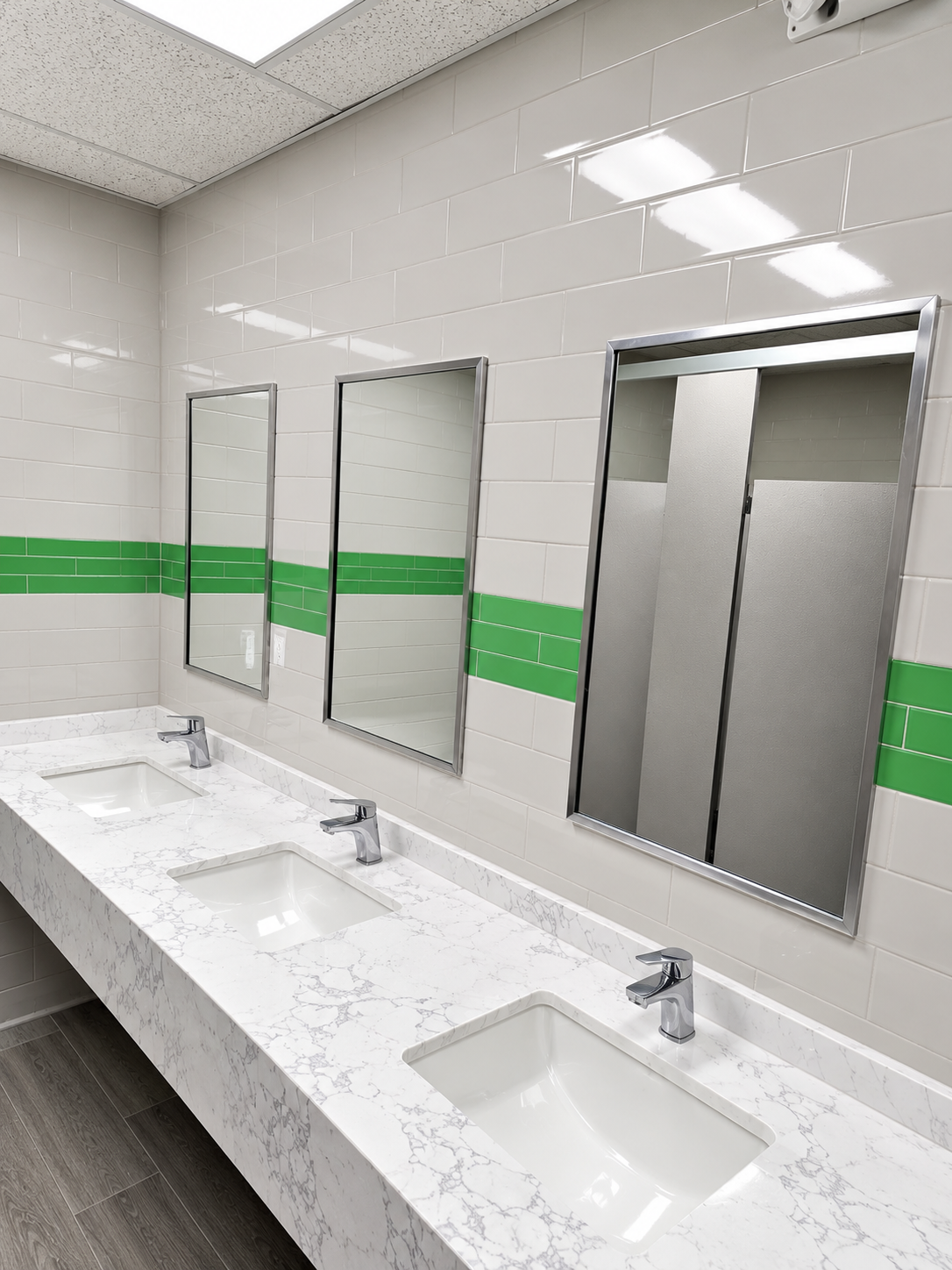 Bright restroom with white sinks, mirrors, and a green stripe on the tiled wall.
