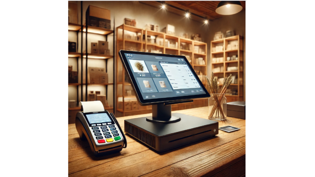 A modern retail point-of-sale system, including a touchscreen monitor and card terminal, sitting on a wooden counter.