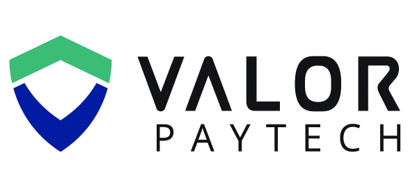 The Valor Paytech logo features a green and blue shield icon next to the company name in black text.
