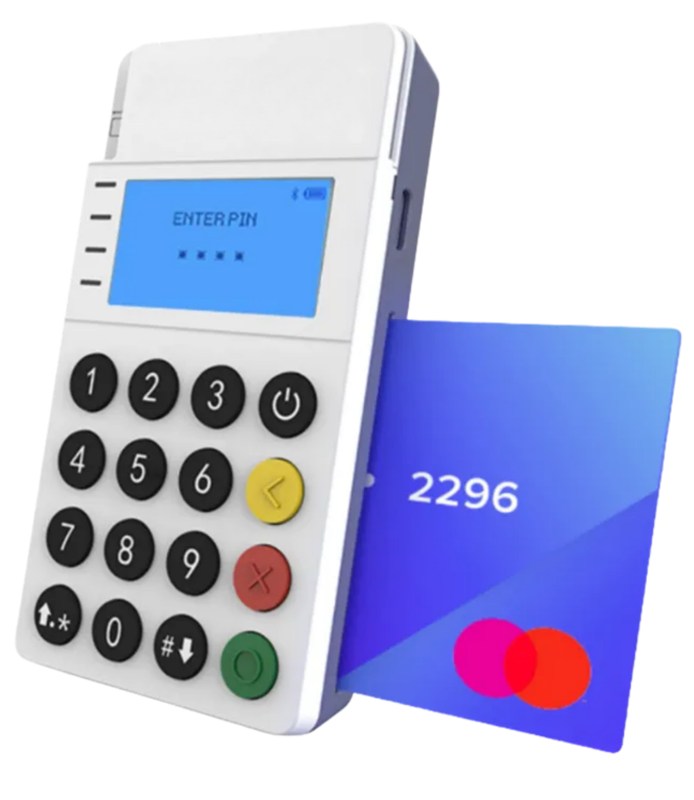 A white handheld payment terminal with a blue screen prompting for a PIN, with a blue payment card inserted.