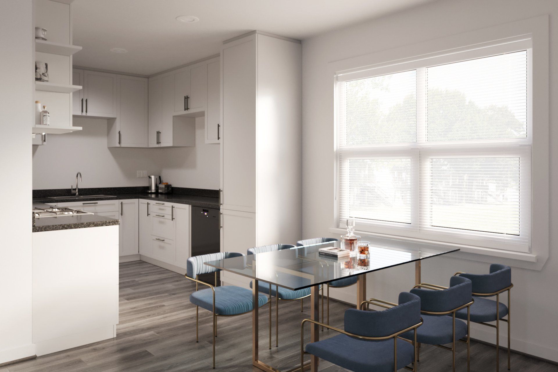 Spacious kitchen, dining, modern cabinets, granite countertops at Gia Memorial apartments in Memorial Houston. 