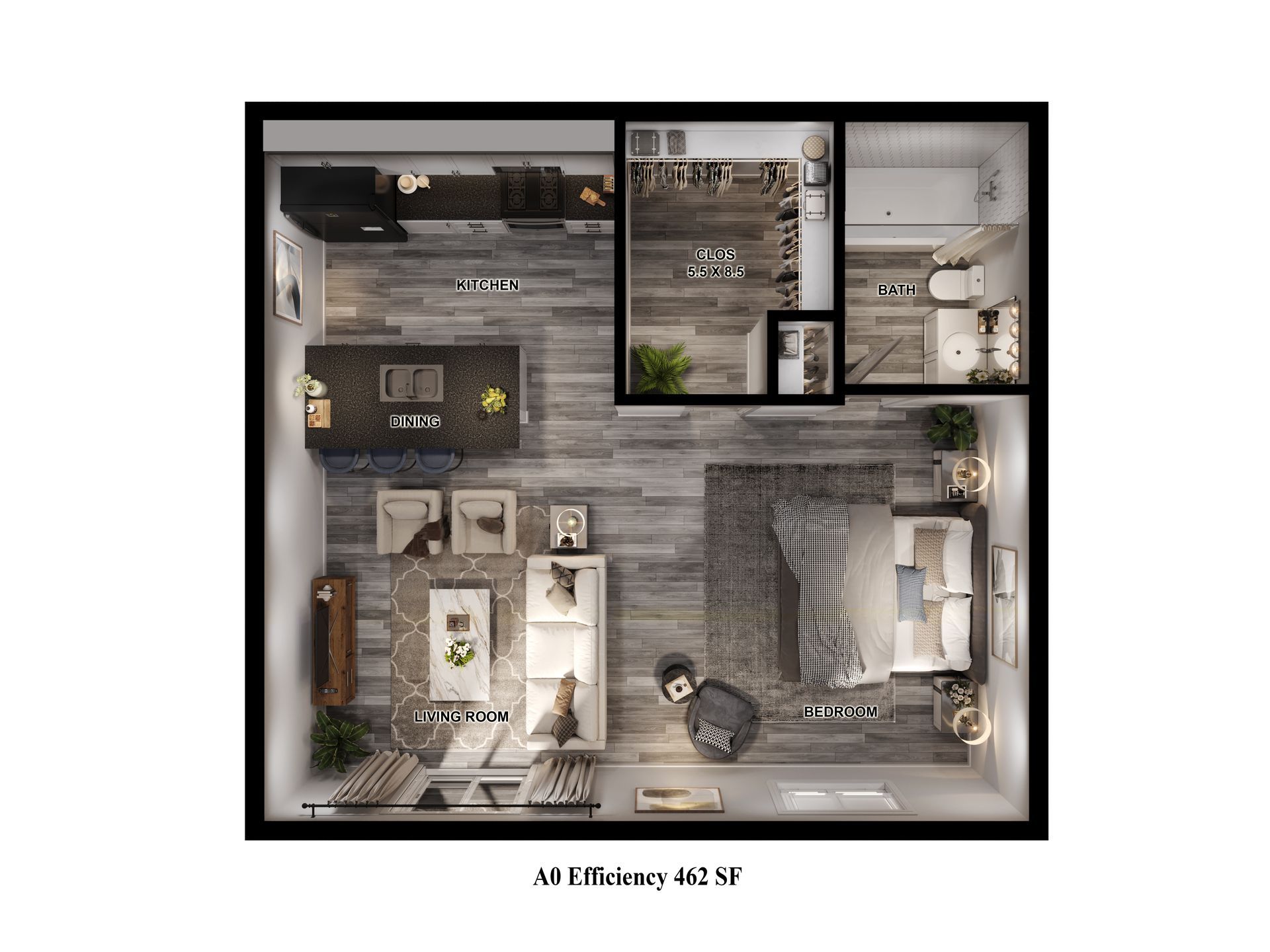 Floor plan of 462 sq ft studio apartment at Gia Spring Branch, apartments for rent in Houston.