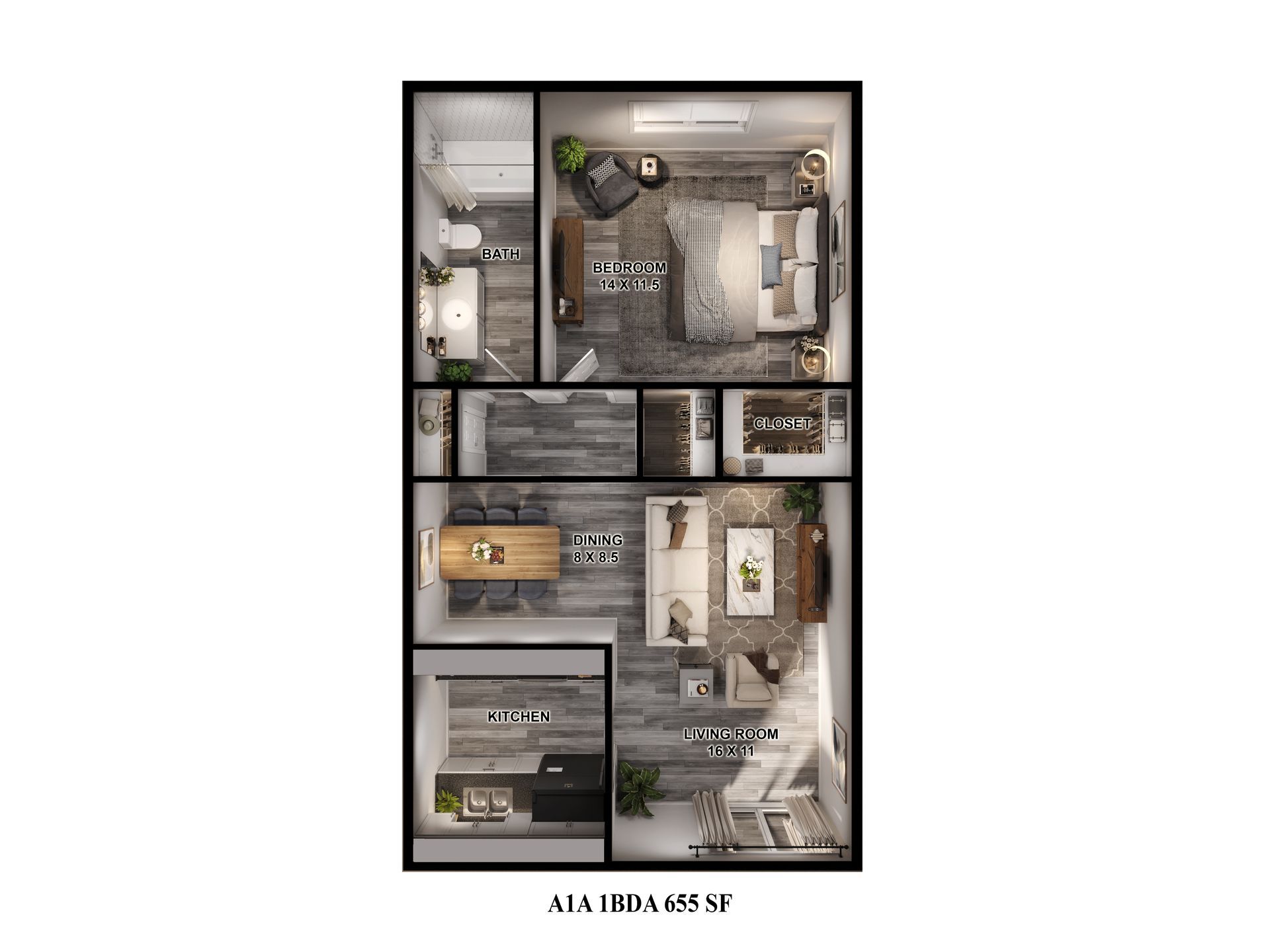 Floor plan of 655 sq ft 1-bedroom townhome at Gia Spring Branch, apartments for rent in Houston, TX.
