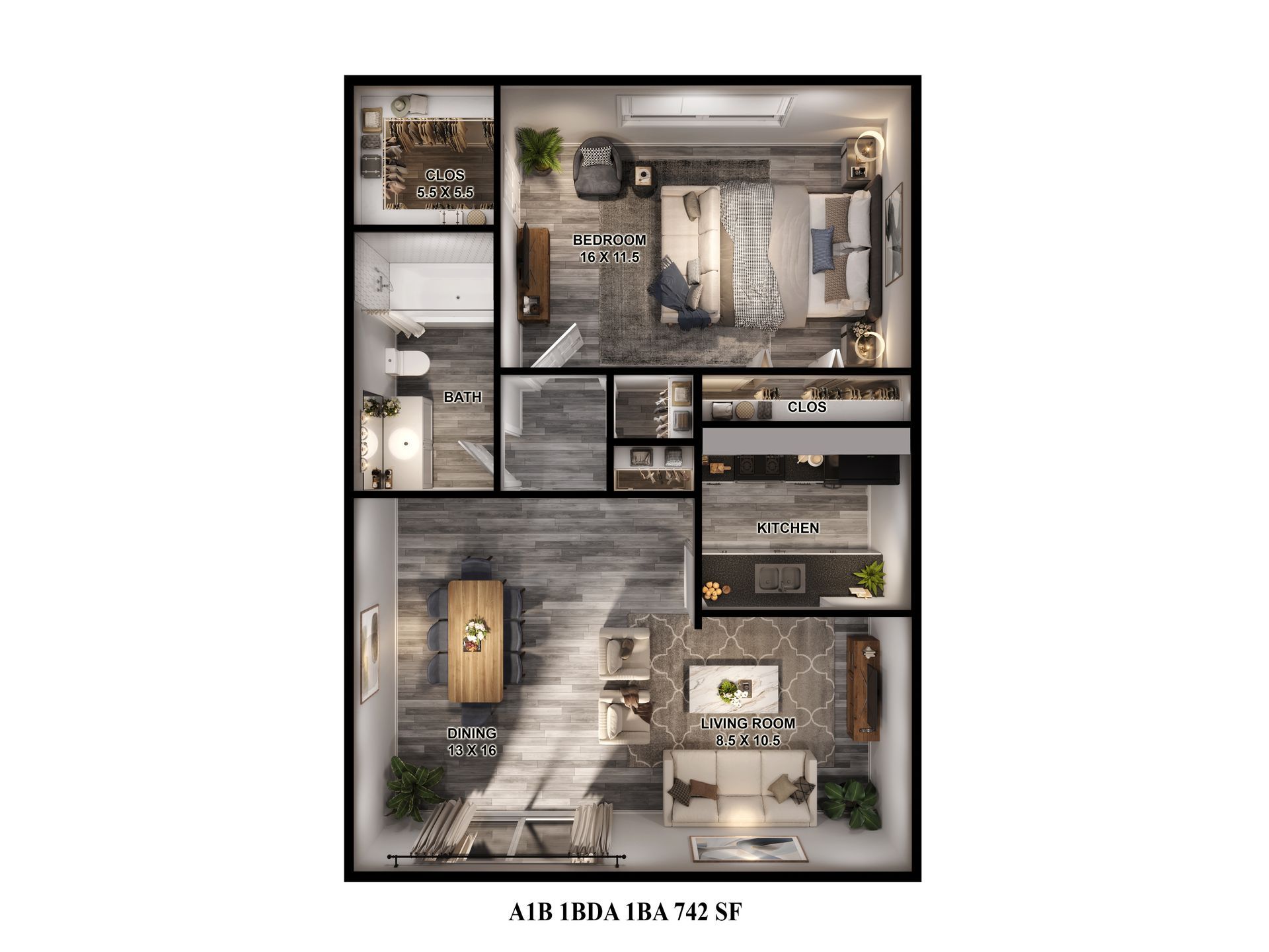 Floor plan of the 742 sq. ft. f 1-bedroom apartments for rent in Spring Branch, Houston.