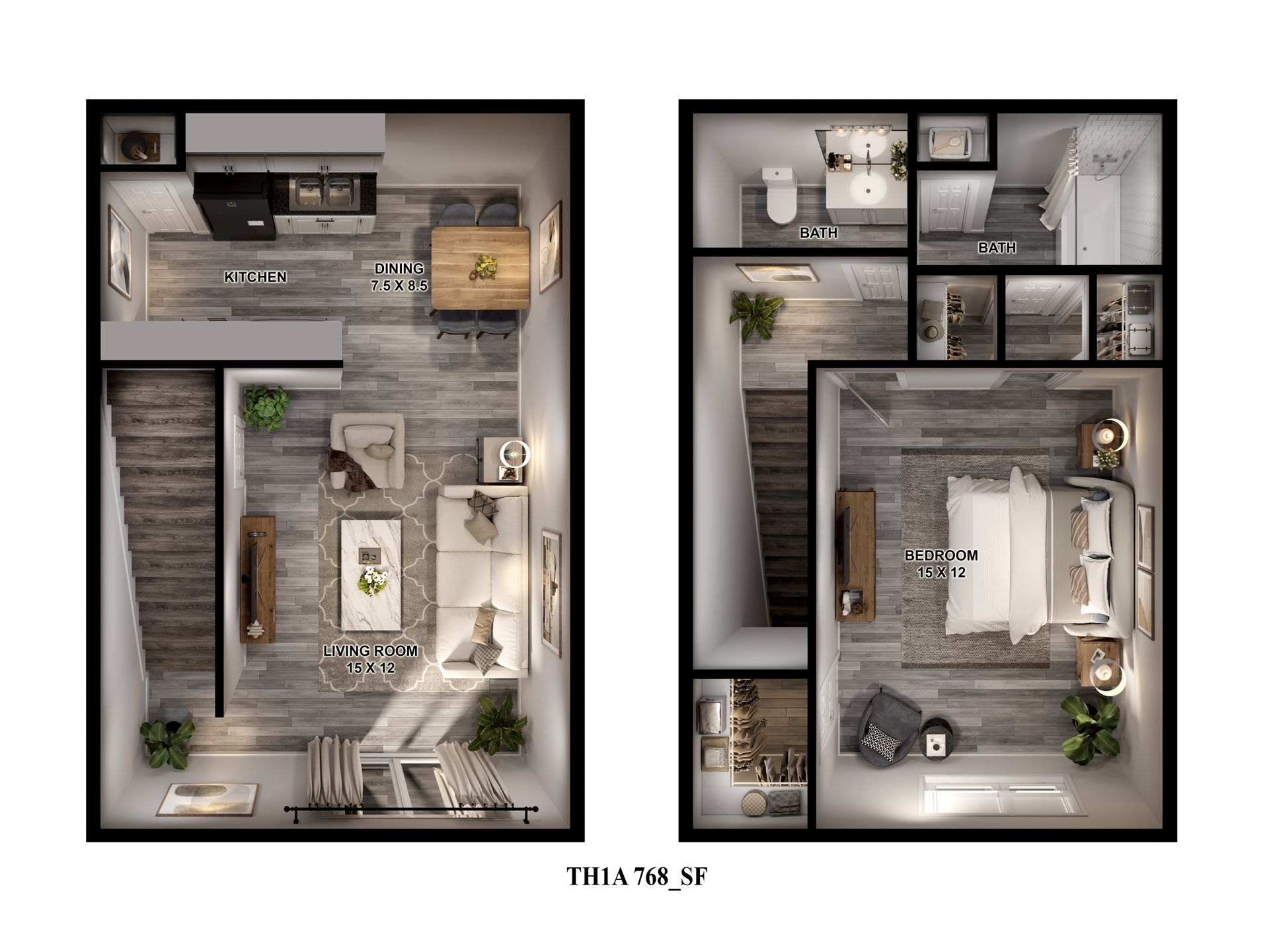 Detailed floor plan of a one-bedroom model townhome at GIA Spring Branch, featuring townhomes for rent in Houston, TX