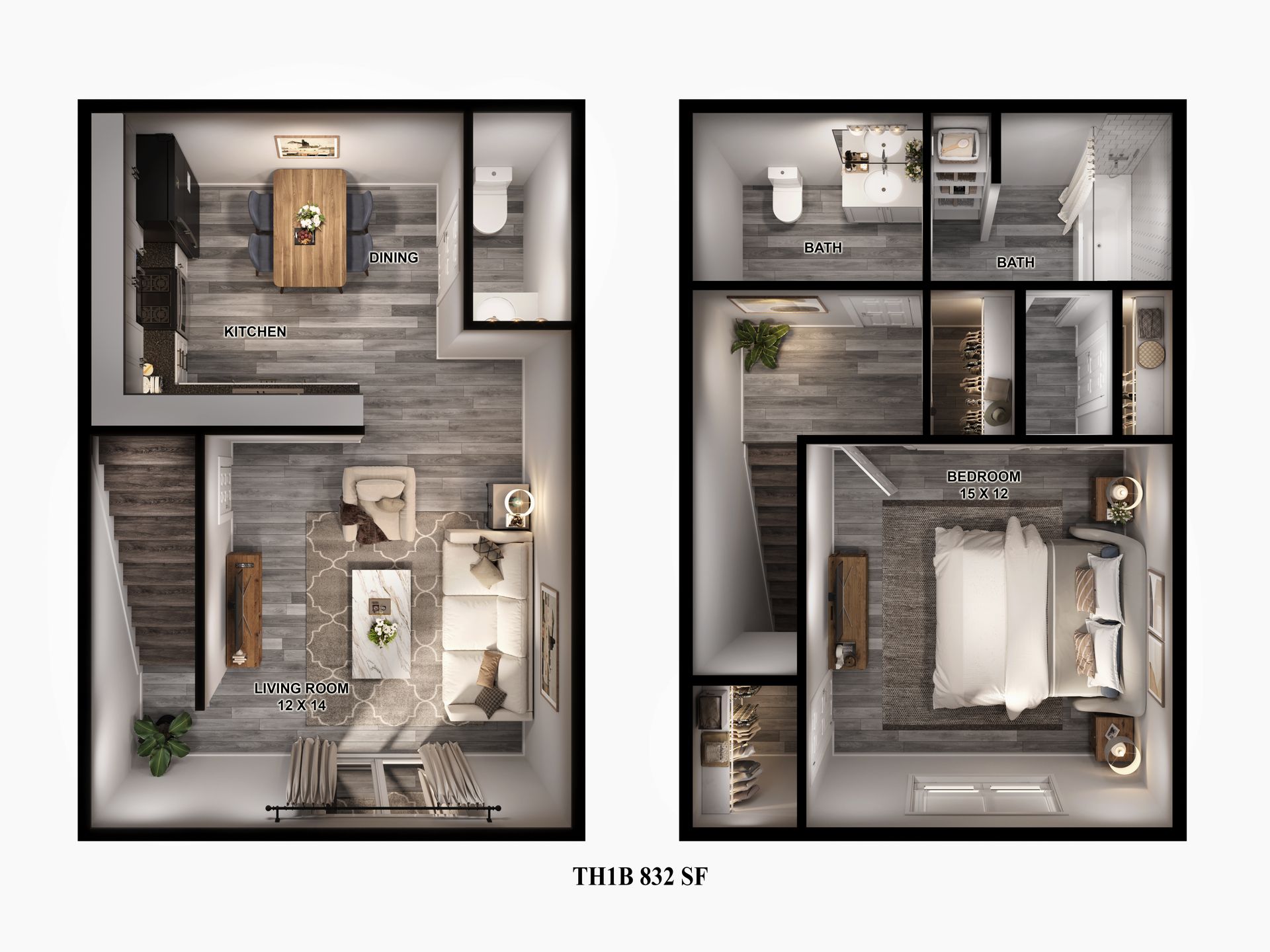 Detailed floor plan of a 2-bedroom apartment for rent in Houston's Spring Branch neighborhood.