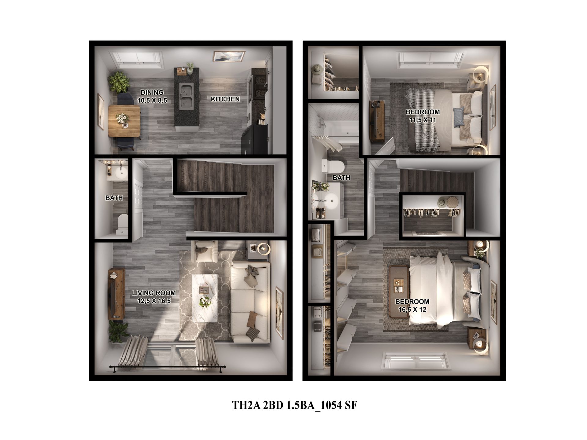 Floor plan of the 1054 sq. ft. two-bedroom, 1.5-bath townhouse for rent in the Spring Branch, Houston.