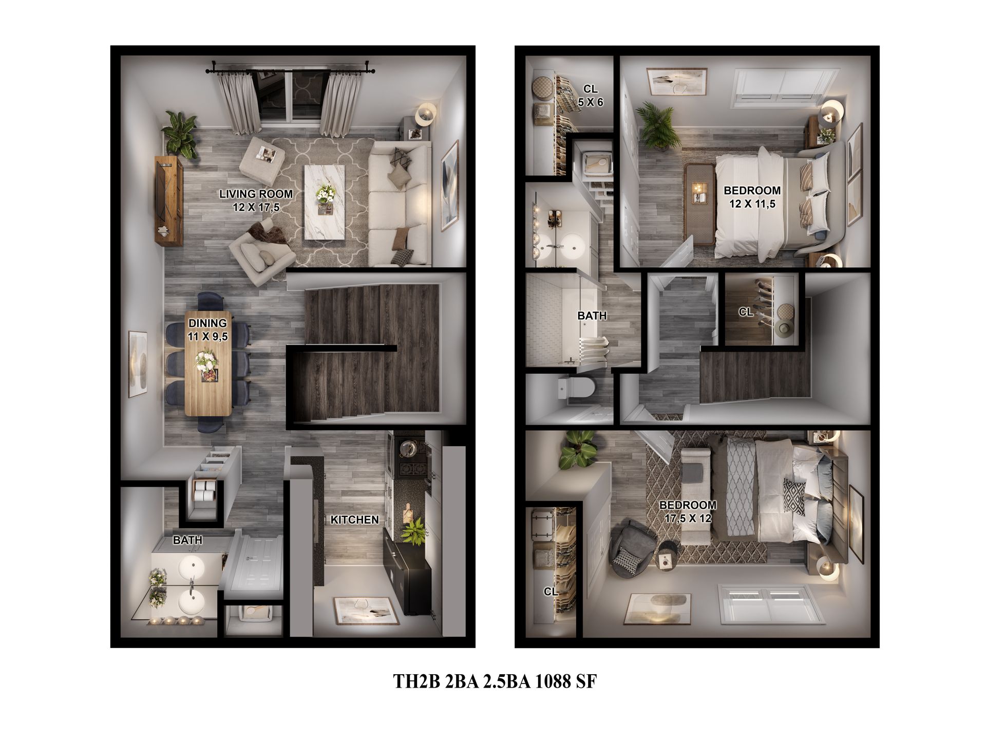 Floor plan of the 1088 sq. ft. two-bedroom, 2.5-bath townhouse for rent in the Spring Branch neighborhood of Houston.